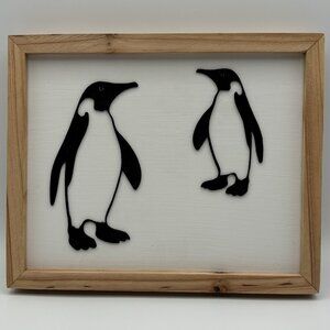 Penguin Themed Wall Hanging Art Stencil Decal on White Paint Wood Framed Modern